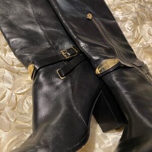 Michael Kors Black Leather Boots with Gold Accent